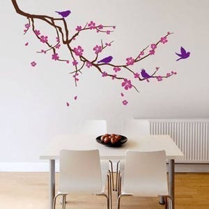Cherry Blossom Branch and Birds Wall Decal,  Cherry Branch Wall Decal Sticker, Cherry BlossomTree Wall Decal for Nursery Home Decor