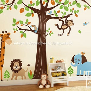 Jungle Wall Decal Safari Animals Wall Decal HUGE Set Tree Wall Decal Lion Elephant Monkey Giraffe Nursery Kids Decal Sticker Baby Room Art image 1