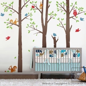 Forest Friends Tree Wall Decal, Forest Animals Tree with Birds Squirrels Owl Wall Decal, Nursery Baby Kids Vinyl Wall Decal Children Sticker image 1