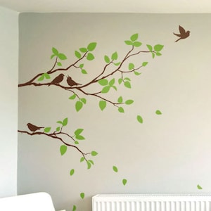 Muursticker takken, muursticker twee lentetakken en vogels, muursticker bladeren en vogels, sticker tak voor huisdecoratie, sticker tak