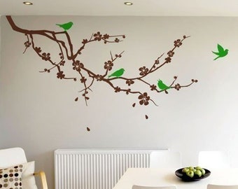 Cherry Blossom Branch and Birds Wall Decal, Cherry Tree Wall Decal, Cherry Branch with Flowers Wall Decal, Cherry Blossom Sticker Wall Decor