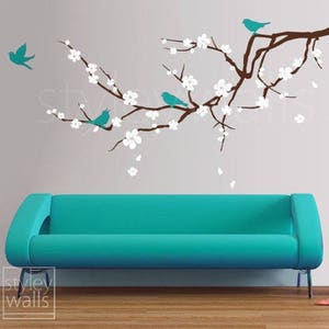 Cherry Blossom Branch Wall Decal, Blossoming Cherry Tree Branch Birds Wall Decal, Flowers Wall Decal Sticker for Children Nursery Kids Room