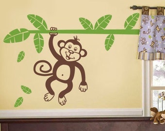 Monkey Wall Decal, Monkey Wall Sticker, Jungle Wall Decal, Jungle Monkey Holding Branch with Leaves Vinyl Wall Decal for Kids Room