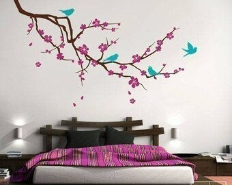 Cherry Blossom Branch and Birds Wall Decal, EXTRA LARGE Branch with Flowers Vinyl Wall Decal for Nursery Children Kids Room Decor