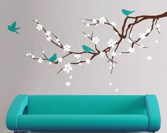 Cherry Blossom Branch Wall Decal, Blossoming Cherry Tree Branch Birds Wall Decal, Flowers Wall Decal Sticker for Children Nursery Kids Room