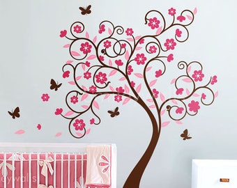 Cherry Blossom Tree Wall Decal, Flower Tree Wall Decal, Curly Flower Tree Butterflies for Kids Children Room and Nursery Wall Decal Sticker