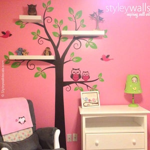 Owls Tree Wall Decal, Shelves Tree Wall Decal Nursery Decal Wall Sticker, Shelving Tree and Owls Wall Decal, Owls Tree Decal Sticker image 1