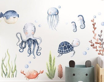 Unter dem Meer Wandtattoo, Fische Wandtattoo, Aquarell Unterwasseraufkleber, Meerestiere Wandtattoo, Aquarium Kinderzimmer Aufkleber