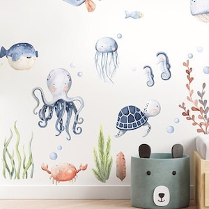 Under the Sea Wall Decal, Fishes Wall Decal, Watercolor Underwater Sticker, Sea Life Sea Creatures Wall Decal, Aquarium Nursery Sticker image 1