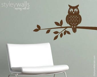 Owl Wall Decal, Owl Wall Sticker, Owl on a Branch Vinyl Wall Decal, Home Decor Kids Room Baby Nursery Wall Decal, Boy or Girl Room Decal