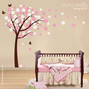 Cherry Blossom Wall decal, Blooming Cherry Tree and Butterflies Wall Decal Sticker, Cherry Blossom Flowers Tree Wall Decal for Kids Nursery