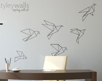 Origami Birds Wall Decal, Origami Birds Wall Sticker Christmas Gift, Set of 6 Geometric Cranes Wall Decal for Office Home Decor Living Room