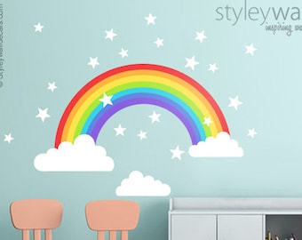 Rainbow Wall Decal, Rainbow Wall Sticker, Clouds Wall Decal, Stars Wall Decal, Rainbow Nursery Wall Decor, Kids Baby Room Wall Art Decor