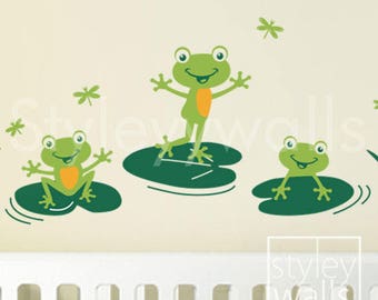 Frogs Wall Decal, Bathroom Wall Decal, Frogs Wall Sticker, Froggy Friends and Dragonflies, Nursery Vinyl Wall Decal, Frogs Kids Room Decor