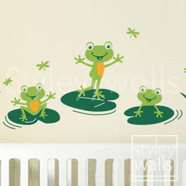 Frogs Wall Decal, Bathroom Wall Decal, Frogs Wall Sticker, Froggy Friends and Dragonflies, Nursery Vinyl Wall Decal, Frogs Kids Room Decor