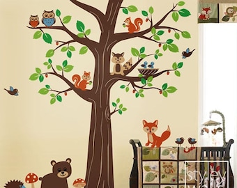 Woodland Animals Wall decal, Woodland Wall Decal,Forest Animals Huge Tree Wall Decal, Nursery Children Baby Room Wall Decal Sticker