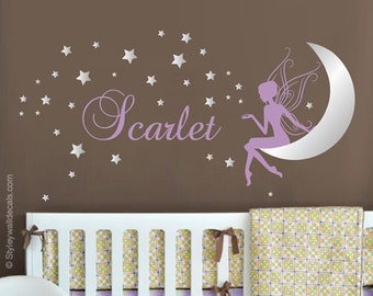 Fairy Wall Decal, Fairy Moon and Stars Wall Decal, Fairy Wall Sticker with Moon and Stars, Fairy Sticker for Girls Room Baby Nursery