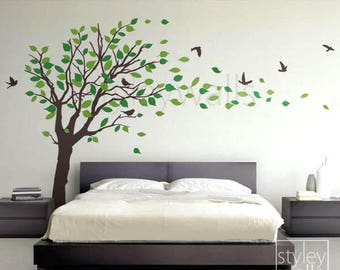 Tree decal Wall Sticker Tree with Birds and leaves blowing in the Wind - EXTRA LARGE Vinyl Wall Decal Sticker Nursery Kids Baby Children