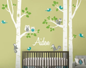 Birch Trees Wall Decal, Kids Personalized Birch Trees Nursery Wall Decal, Forest Animals Owsl Squirrels Birds Baby Room Art Decor