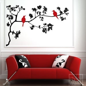Muursticker tak en vogels, vogels op tak met bladeren vinyl muursticker, tak muursticker voor interieur, tak muur sticker