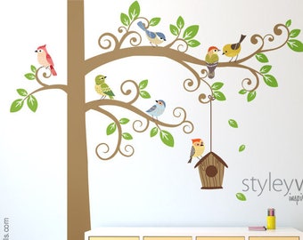 Birds Wall Decal, Tree Wall Decal, Tree and Birds Wall Decal Sticker, Bird House Wall Decal, Birds Nursery Decor, Baby Room Kids Wall Decals