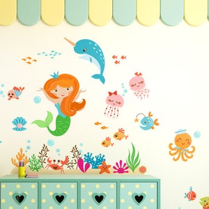 Mermaid Wall Decal, Under the Sea Wall Decal, Mermaid and Fishes Wall Decal, Ocean Wall Sticker, Sea Life Wall Decal, Girls Room Wall Decal