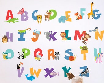 Alphabet Wall Decal, Animals Alphabet Wall Sticker, Letters Wall Decal, Animals Alphabet Wall Decal, ABC Animals Lettering Playroom Decor