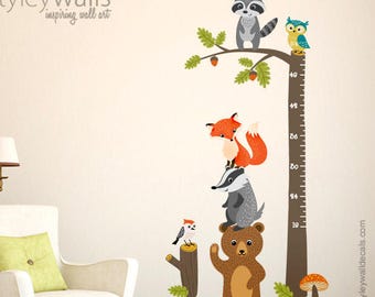 Woodland Animals Growth Chart Wall Decal, Forest Animals Growth Chart Sticker, Woodland Critters Nursery Wall Decor, Owl Bear Fox Raccoon