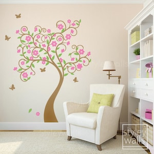 Cherry Blossom Tree Wall Decal, Tree Wall Decal Sticker, Flowers Tree Wall Decal, Curly Flower Tree and Butterflies Kids Children Nursery