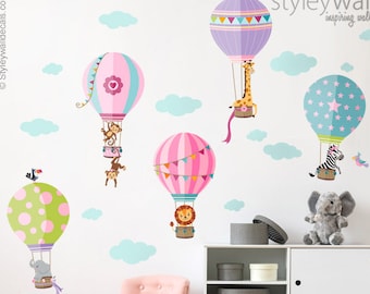 Air Balloons Wall Decal, Jungle Animals Wall Decal Sticker, Hot Air Balloons WallDecal Decor, Air Balloons Girls Nursery Room Decor Wall Art