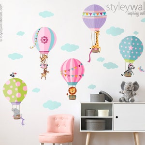 Air Balloons Wall Decal, Jungle Animals Wall Decal Sticker, Hot Air Balloons WallDecal Decor, Air Balloons Girls Nursery Room Decor Wall Art image 1