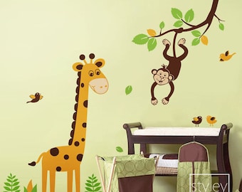 Giraffe Wall Decal Jungle Animals Monkey Swinging from Branch and Cute Giraffe Wall Decal Nursery Kids Baby room Vinyl Wall Decal