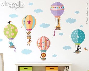 Air Balloons Wall Decal, Jungle Animals Wall Decal Sticker, Hot Air Balloons Wall Sticker, Air Balloons Baby Nursery Decor, Kids Room Decal