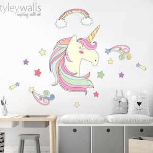 Unicorn Wall Decal, Rainbow Wall Decal, Stars Wall Decal, Unicorn Wall Sticker, Unicorn Girls Nursery Decor, Magical Unicorn Wall Decor