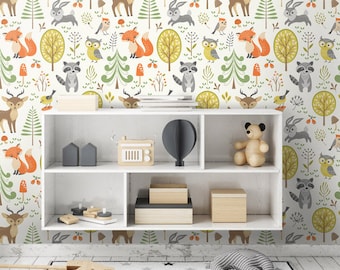 Woodland Animals Wallpaper, Forest Animals Repositionable Removable Fabric Wallpaper, Kids Room Decor, Peel and Stick, Self Adhesive