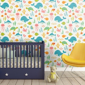 Underwater Wallpaper, Under the Sea Wallpaper, Sea Animals Repositionable Removable Fabric Peel and Stick Wallpaper, Nursery Decor
