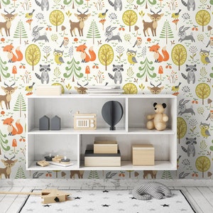 Waldtiere Tapete, Waldtiere neu positionierbare abnehmbare Stofftapete, Kinderzimmer Dekor, Schälen und Kleben, selbstklebend