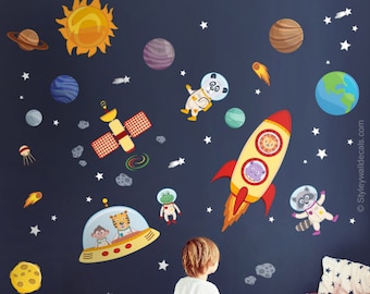 Ruimte muur sticker, planeten muur sticker sticker, ruimteschip muur sticker, raket muur sticker, dierlijke astronauten muur sticker, ruimte muur decor