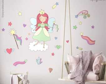 Fairy Wall Decal, Fairy Wall Sticker, Rainbow Clouds Wall Decal, Stars Wall Decal, Girls Nursery Decor, Magical Princess Wall Decor