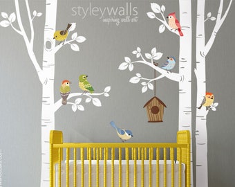 Birch Trees and Birds Wall Decal, Forest Trees Birds Wall Decal, Trees Wall Sticker, Birds Nursery Wall Decal, Trees Baby Room Wall Decor