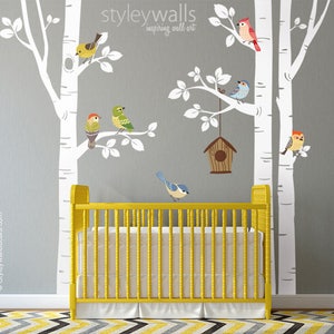 Birch Trees and Birds Wall Decal, Forest Trees Birds Wall Decal, Trees Wall Sticker, Birds Nursery Wall Decal, Trees Baby Room Wall Decor