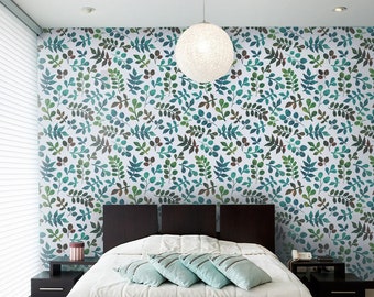 Watercolor Leaves Wallpaper, Leaf Pattern Watercolor Wallpaper, Repositionable Removable Fabric Wallpaper, Peel and Stick, Self Adhesive