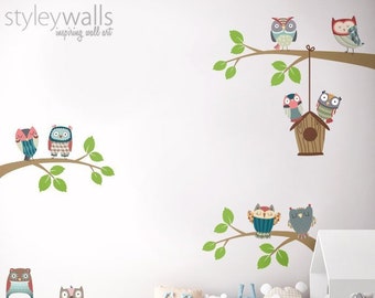 Owls Wall Decal, Branch Wall Decal, Branch and Owls Wall Sticker, Bird House Wall Decal, Owls Nursery Decor, Baby Room Kids Wall Decals