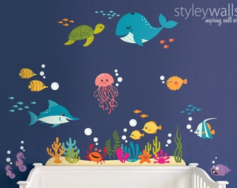 Under the Sea Wall Decal, Fishes Wall Decal, Ocean Wall Sticker, Underwater Sea Life Creatures Wall Decal, Aquarium Nursery Wall Decal