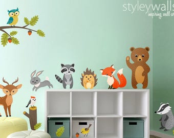 Woodland Animals Wall Decal, Forest Animals Wall Decal Sticker, Woodland Critters Wall Decor, Deer Owl Bear Raccoon Rabbit Hedgehog Fox