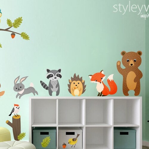 Wall Decals Large Woodland Animals Bear Deer Fox Raccoon Etsy