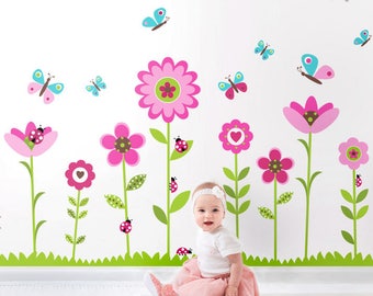 Flowers Wall Decal, Flowers Wall Sticker, Butterflies Wall Decal, Ladybugs Wall Decal, Garden Flowers Bugs Wall Decal, Nursery Wall Decor