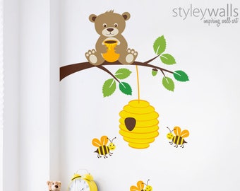 Bear Wall Decal, Bear Wall Sticker, Bees Wall Decal, Bear and Branch Wall Decal, Bees and Hive Wall Decal, Kids Baby Room Nursery Decor