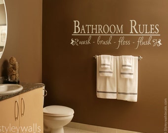 Bathroom Rules Wall Decal, Bathroom Vinyl Lettering Wash Brush Flush, Bathroom Wall Quote Wall Decal, Vinyl Lettering for Bathroom Decor