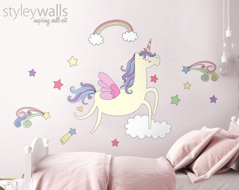 Calcomanía de pared de unicornio, pegatina de pared de unicornio, calcomanía de pared de nubes de arco iris, calcomanía de pared de estrellas, decoración de guardería para niñas, decoración de pared de unicornio mágico